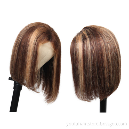 Malaysian Human Hair Wig Vendor Highlight Brown Short Bob HD Lace Wig Ombre Color Virgin Cuticle Aligned 4x4 Lace Front Closure